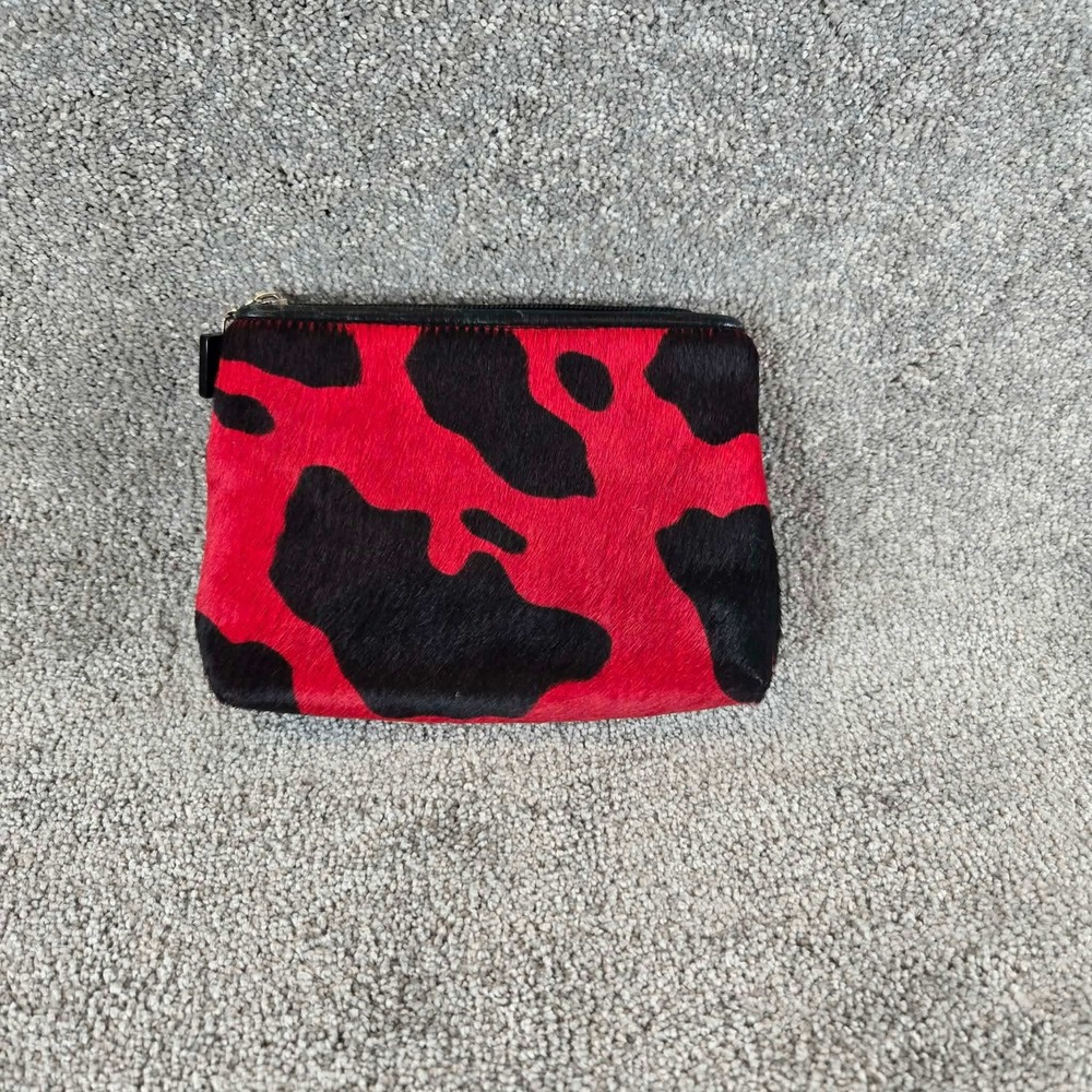 SB Pouch Red Black Cow Print Calf Hair Leather Cosmetic Bag Womens Small Size